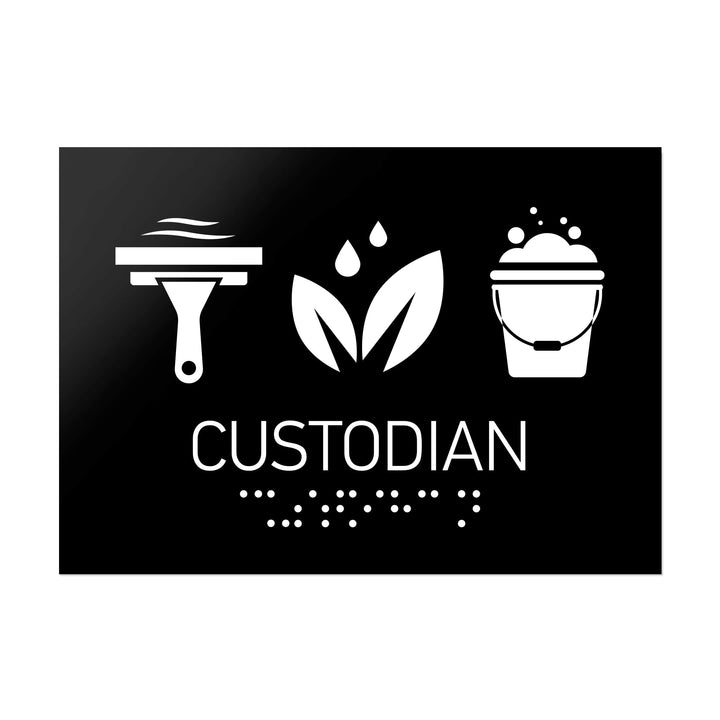 Information signs Custodian Sign with Braille: Black Acrylic Sign