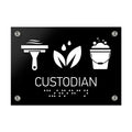 Information signs Custodian Sign with Braille: Black Acrylic Sign - Photo #1