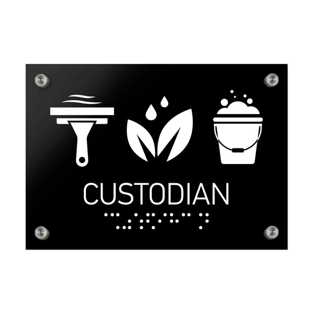 Information signs Custodian Sign with Braille: Black Acrylic Sign