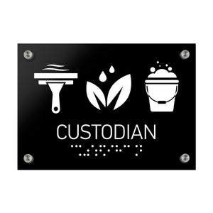 Information Signs - Custodian Sign With Braille - Black Acrylic