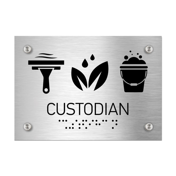 Information signs Custodian Sign — Stainless Steel Sign with Braille