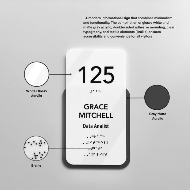 Vertical Acrylic Door Number Sign with Braille & Custom Text — "Elegant" Design