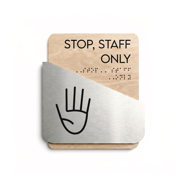 Staff Only Door Sign for Office: Wood &amp; Stainless Steel — "Downhill" Design