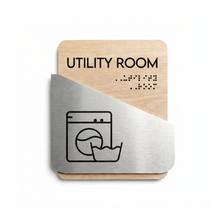 Utility Room Door Sign: Stainless Steel &amp; Wood Plate — "Downhill" Design