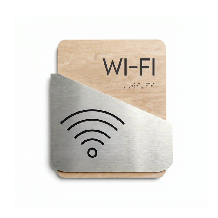 Wi-Fi Sign: Wood &amp; Stainless Steel Plate — "Downhill" Design