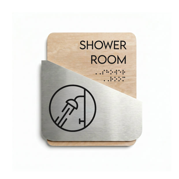 Shower Sign: Wood & Stainless Steel — "Downhill" Design