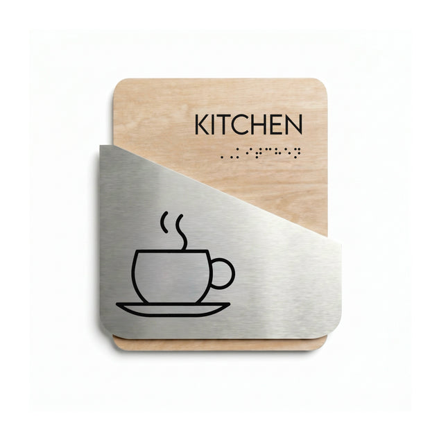 Interior Kitchen Sign: Wood & Stainless Steel Plate — "Downhill" Design
