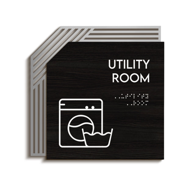 Utility Room Sign: Stainless Steel & Wood Door Plate — "Authentic" Design