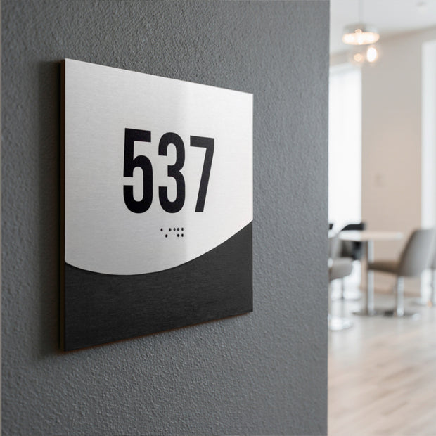 Apartment Number Sign: Stainless Steel & Wood Plate with Braille — "Jure" Design