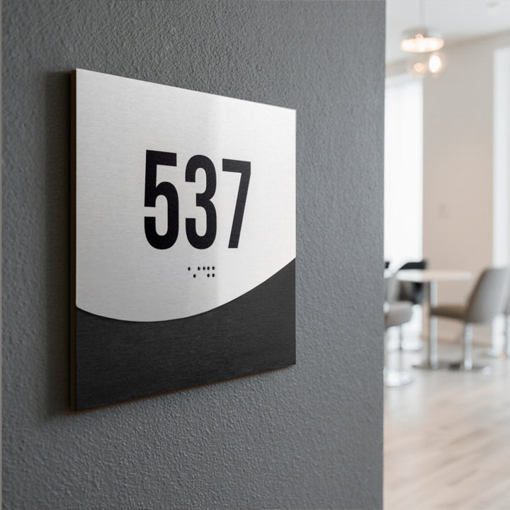 Unit Door Numbers: Stainless Steel &amp; Wood Plate with Braille — "Jure" Design
