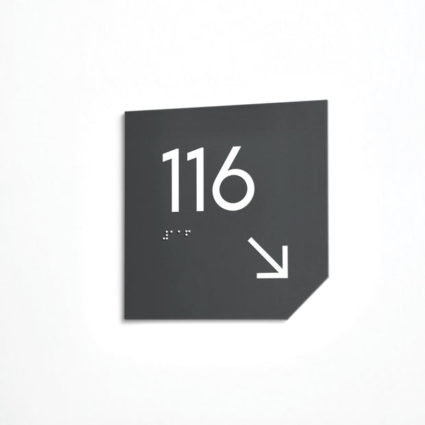Acrylic Room Number Sign with Braille & Arrow — "Clear" Design