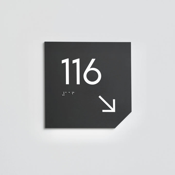 Acrylic Room Number Sign with Braille & Arrow — "Clear" Design