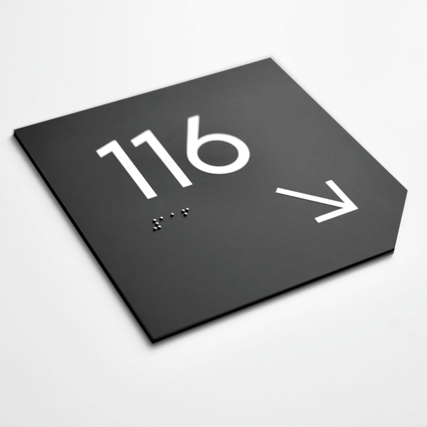 Acrylic Room Number Sign with Braille & Arrow — "Clear" Design