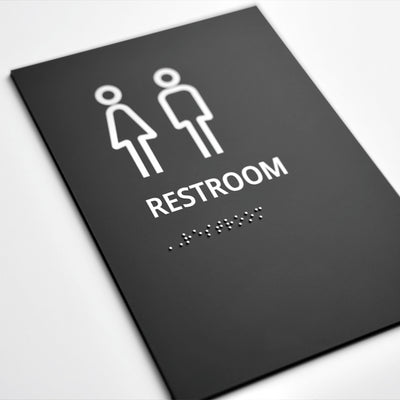 All Gender Restroom Sign: Matte Gray Acrylic — "Clear" Design