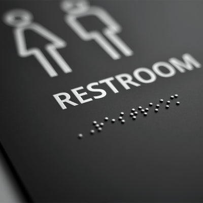 All Gender Restroom Sign: Matte Gray Acrylic — "Clear" Design