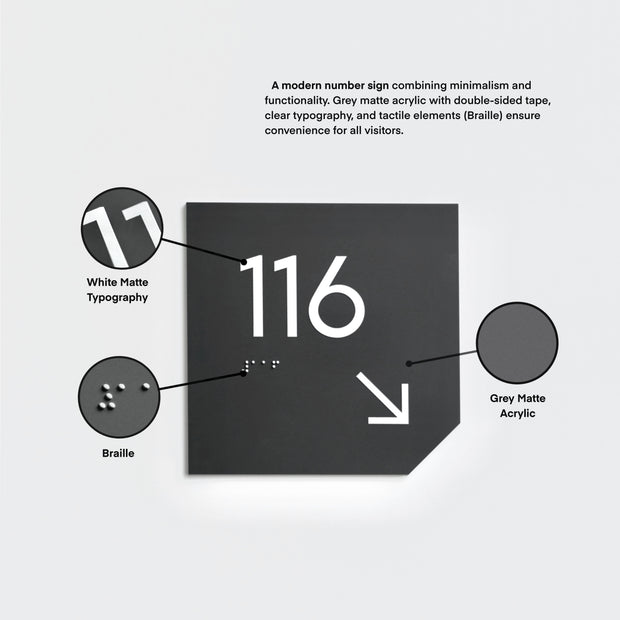 Acrylic Room Number Sign with Braille & Arrow — "Clear" Design