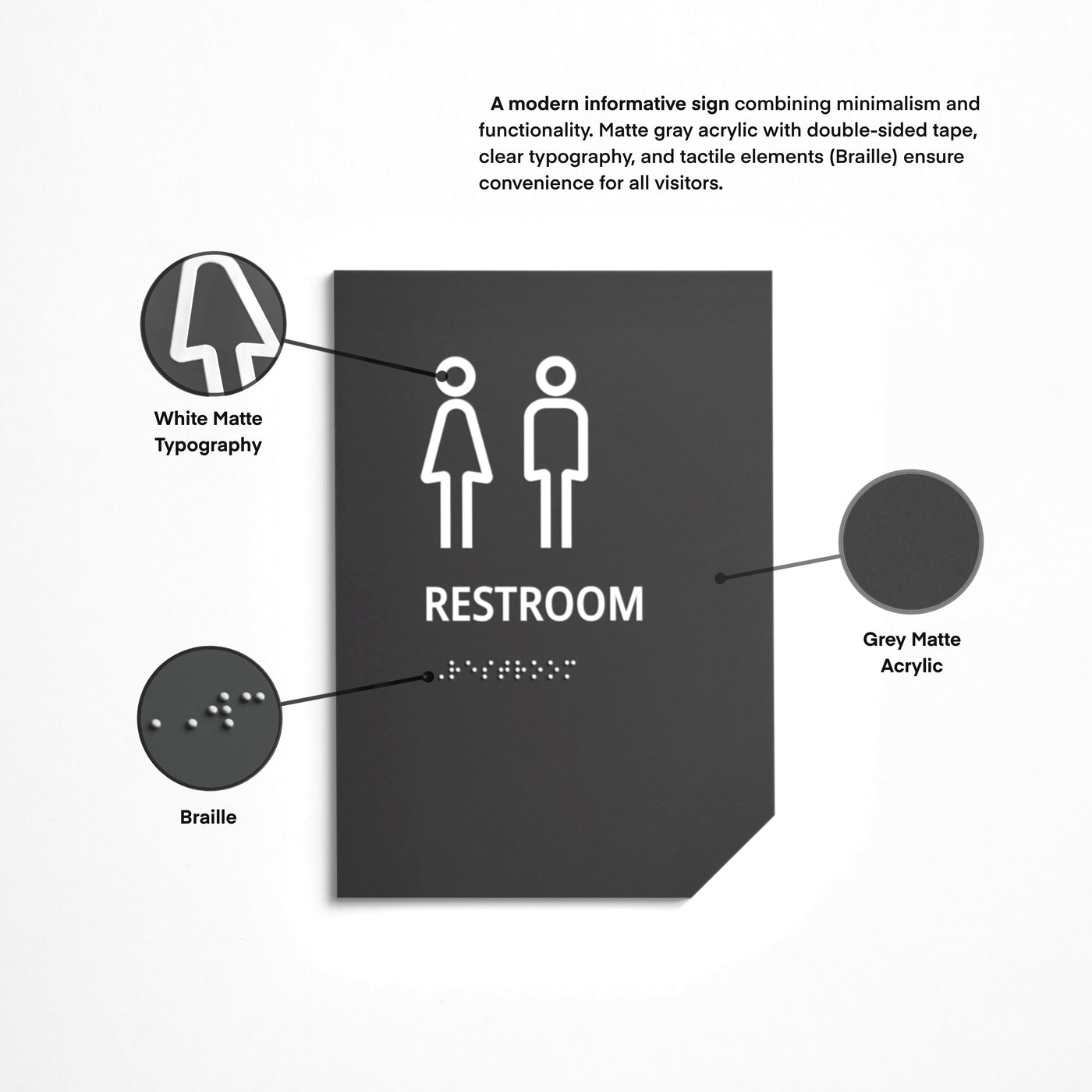 All Gender Restroom Sign: Matte Gray Acrylic — "Clear" Design