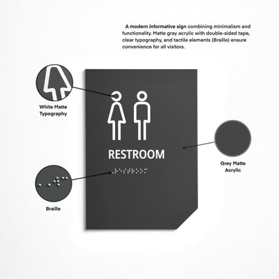 All Gender Restroom Sign: Matte Gray Acrylic — "Clear" Design