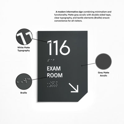 Exam Room Sign: Matte Gray Acrylic Door Numbers — "Clear" Design