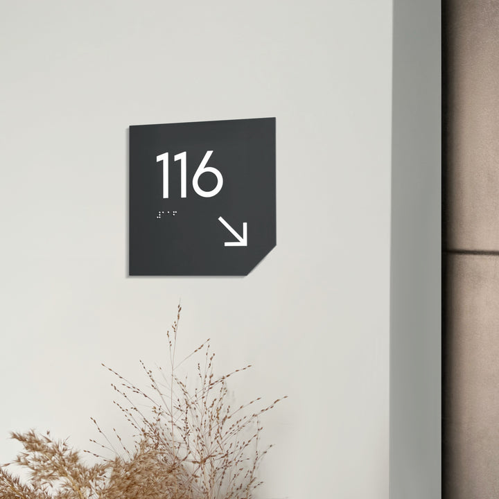 Acrylic Room Number Sign with Braille &amp; Arrow — "Clear" Design