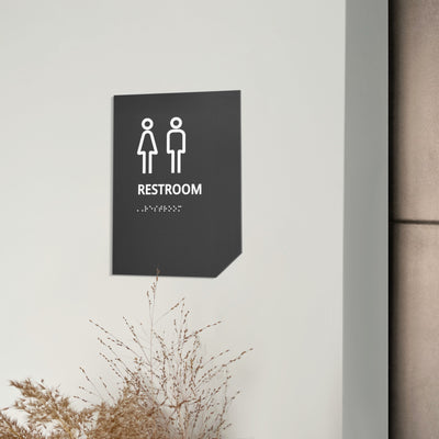 All Gender Restroom Sign: Matte Gray Acrylic — "Clear" Design