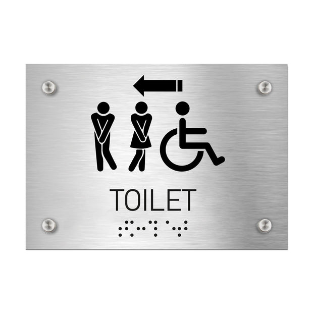 Bathroom Signs All Gender with Wheelchair Toilet Sign with Arrow - Stainless Steel