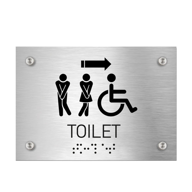 Bathroom Signs All Gender with Wheelchair Toilet Sign with Arrow - Stainless Steel
