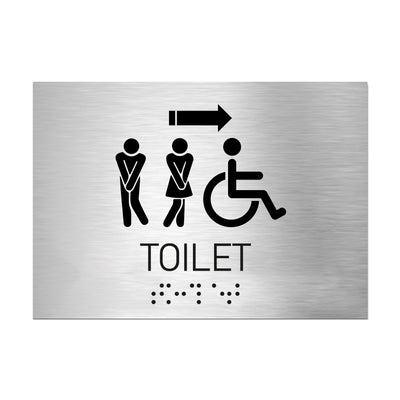 Bathroom Signs - All Gender With Weelchair Toilet Directional Sign - Stainless Steel