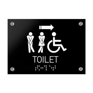 Bathroom Signs All Gender/Wheelchair Restroom Sign with Arrow — Black Acrylic