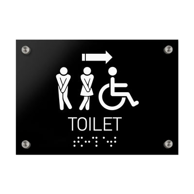 Bathroom Signs - All Gender With Weelchair Directional Restroom Sign - Black Acrylic