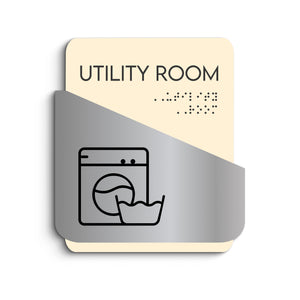 Information Signs - Utility Room Door Sign - Stainless Steel & Wood Door Plate "Downhill" Design