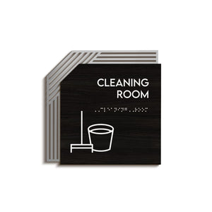 a black and white sign that says cleaning room