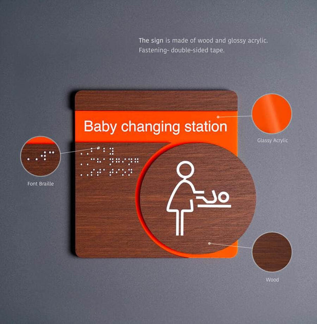 Information signs Baby Change Sign for Mother: Wood & Stainless Steel Plate — "Genova" Design