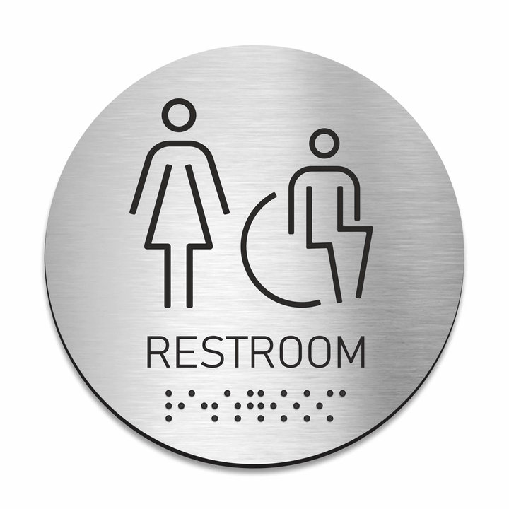 ADA compliant restroom sign with male, female and wheelchair symbols and Braille text