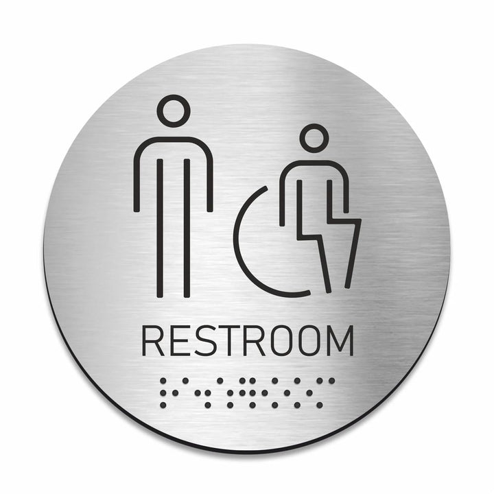 ADA restroom sign with wheelchair accessibility symbol and Braille, stainless steel round door sign
