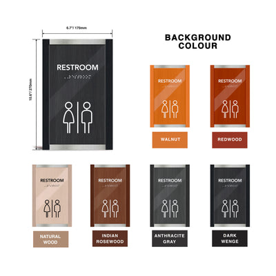 a group of restroom signs with different colors