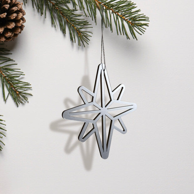 A silver star-shaped ornament hangs from a branch of a pine tree, with pine needles and a pine cone visible in the background.