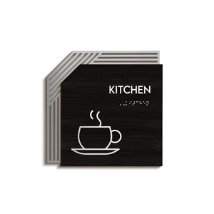 a kitchen sign with a cup of coffee on it