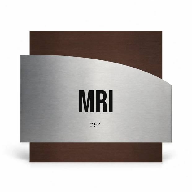 a rectangular sign with the word "MRI" prominently displayed in the center.
