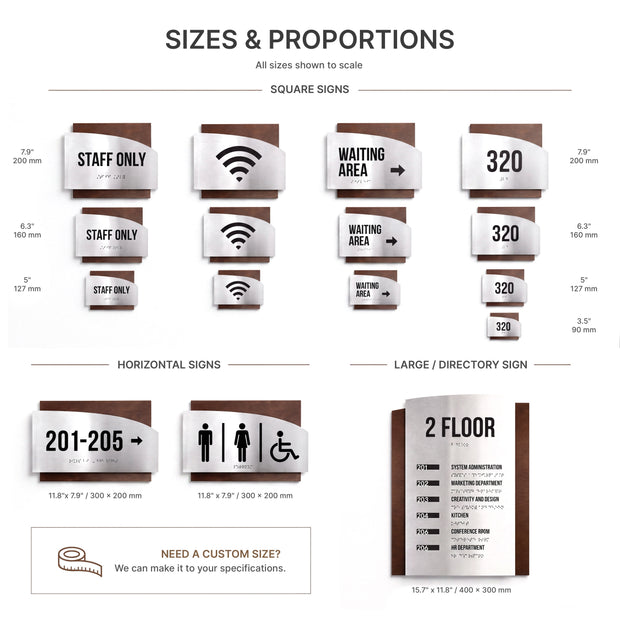 various sizes and proportions of square signs, including staff-only signs, waiting area signs, and directional signs. It also includes a list of horizontal signs and a custom size guide for signs.
