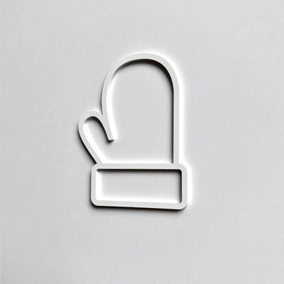 A simple white glove icon is displayed against a plain white background.