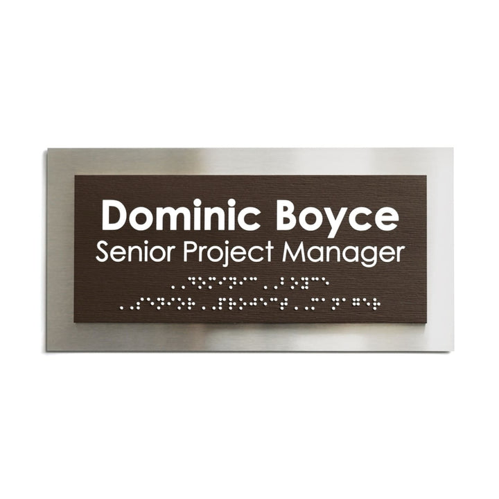 Custom Door Name Plate with Braille: Stainless Steel &amp; Wood — Modern Design