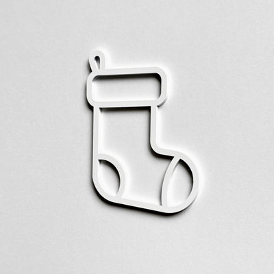A simple white outline of a stocking on a plain white background.