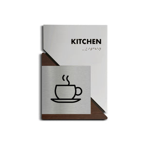 a kitchen sign with a cup of coffee on it