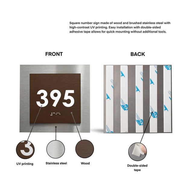Room Number Sign with Braille: Stainless Steel & Wood — Modern Design
