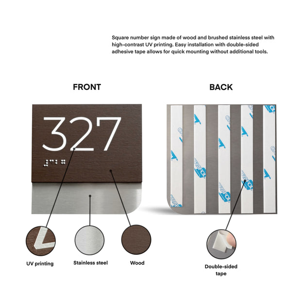 Custom Room Number Sign with Braille: Stainless Steel & Wood — Modern Design