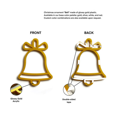 a Christmas ornament, specifically a "Bell" made of glossy gold plastic. The ornament is available in various base color palettes, including gold, silver, white, and red. Custom color combinations are also available upon request. The image displays the ornament in two different views: the front and the back.
