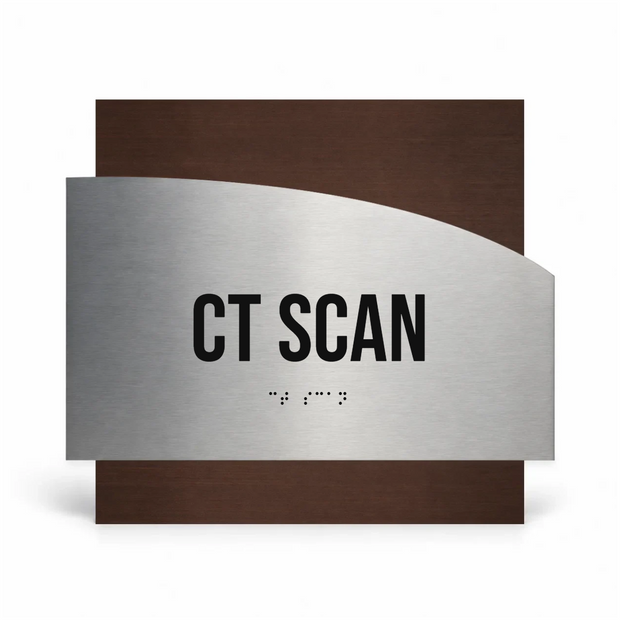 a sign with the text "CT SCAN" in bold black letters, indicating a location or facility related to a CT scan.