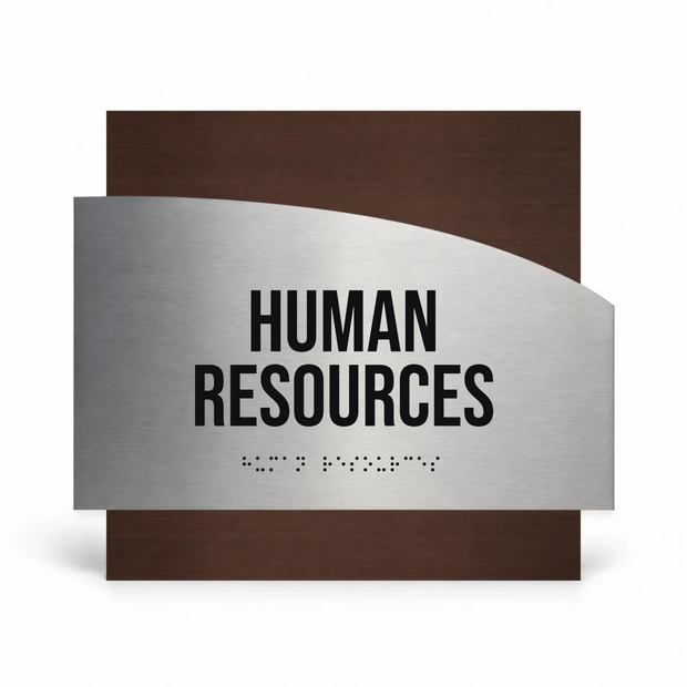 a sign with the text "HUMAN RESOURCES" in bold black letters, indicating that it is a sign for human resources.