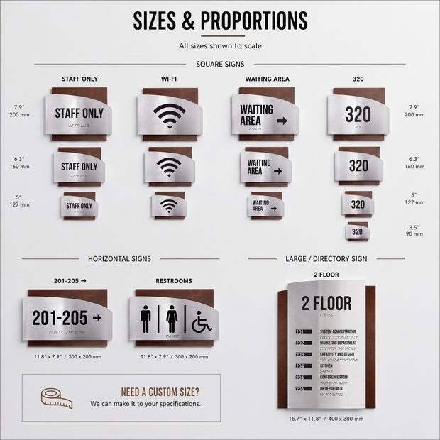 various sizes and proportions of signs, including staff-only signs, square signs, and directional signs. The signs are designed to provide information about the layout and facilities of a building or establishment.